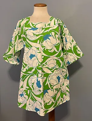 Nos 60s Vintage CATHAY Pockets Tie Back GREEN FLORAL ARTIST SMOCK APRON Rayon • $12.99