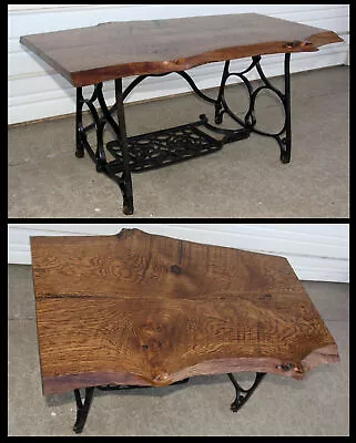 Industrial Live Edge OLD Oak Slab Timber Coffee Table W Iron Sewing Machine Base • $775