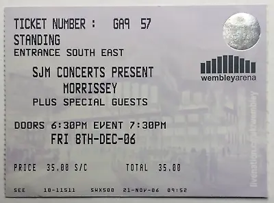 Morrissey Original Used Concert Ticket Wembley Arena London 8th Dec 2006 • $7.47