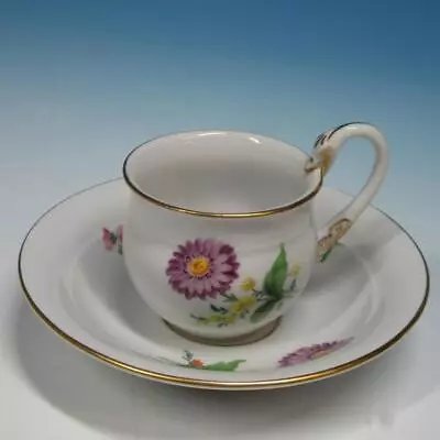 Meissen Crossed Swords Porcelain - Flowers Goose Neck Handle Cup & Saucer Set #2 • $60