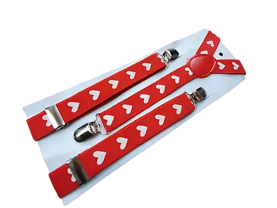 $5.94 • Buy Red Hearts Love Adjustable Unisex Trouser Braces Suspenders Fancy Dress Clip On