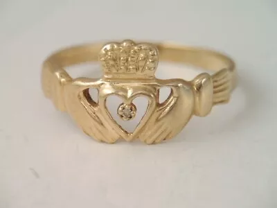 VINTAGE 10K YELLOW GOLD & DIAMOND IRISH CLADDAGH RING Sz 7 • $110