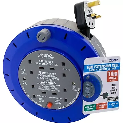 4 Way Heavy Duty Cable 10m Meter Extension Reel Lead Mains Socket 13 Amp • £16.99