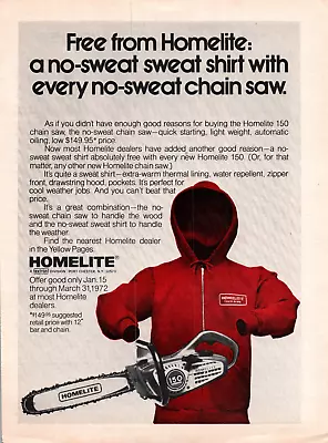 Homelite No Sweat Sweatshirt And Chainsaw 70s Vintage Color Print Ad Wall Art • $9.85