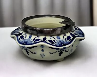 Vintage Delft Blue Pottery Small Silver Rim Ashtray Trinket Dish Holland  • $8