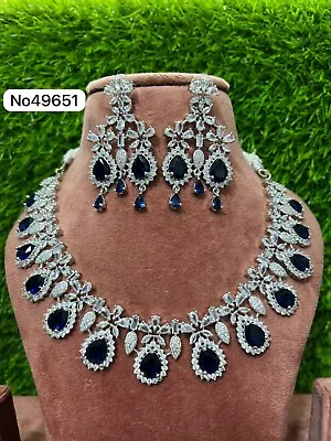 Indian Bollywood Silver Plated Ethnic AD CZ Jewelry Earrings Necklace Bridal Set • $35.19
