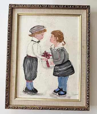 VINTAGE Original Painting Boy & Girl With Wrapped Present Gold Frame Charming • $13.39