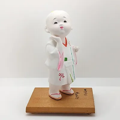 Japanese Clay Hakata Doll Red Dragonfly Boy Wooden Stand Hand Painted • £54