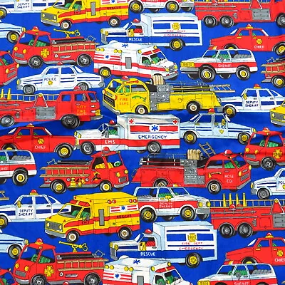 Vintage Fabric Traditions 5166 EMT Fire Truck Fabric Blue Cotton BTY • $12