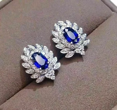 2.50 Carat Lab-Created Blue Sapphire Women Stud Earring White Gold Plated Silver • $229.73