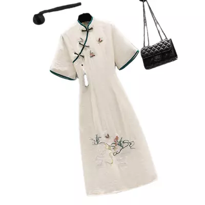 Women Fit Flare Cheongsam Chinese Qipao Dress Embroidered Short Sleeve Summer • $28.82