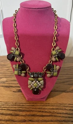 $13 • Buy J Crew Chunky Statement Necklace, Green& Clear Rhinestones, And Other Gold Tone