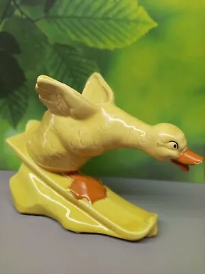 Vintage Art Pottery Skiing Duck Planter Yellow 1940's - 1960's  8  X 6  Unusual • $32