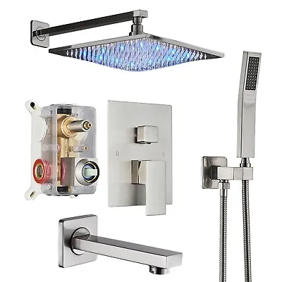 Brushed Shower Faucet Set Rainfall Shower Head Combo Set Tub Spout W/Mixer Valve • $85.99