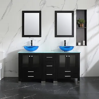 60 In Free-standing Double Bathroom Vanity W/ Glass Top Two Vessel Sink Set • $998.99