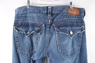 True Religion Size 36 Blue Distressed Denim Jeans 5 Pockets Mid Rise Cotton Men • $37.62
