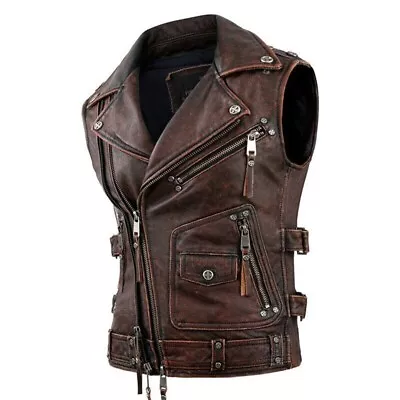 Men's Vintage Brown Motorcycle Vest Men Genuine Cowhide Riding Sleeveless Jacket • £24.33