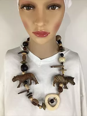 Vintage Necklace-African Carved Wooden Animals Jewelry • $14.99