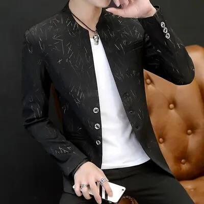 Mens Floral Stand Collar Jackets Slim Fit Fashion Botton Tops Korean Causal Coat • $47.85