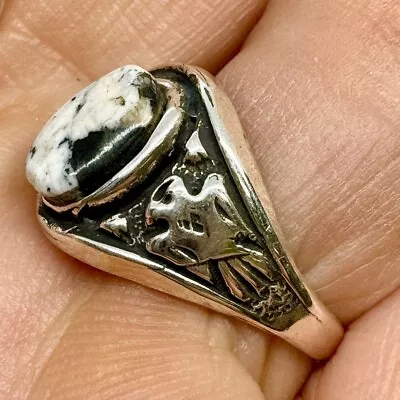 White Buffalo Turquoise Ring Sz 6.5 Sterling Silver Thunderbird Southwest • $49.94