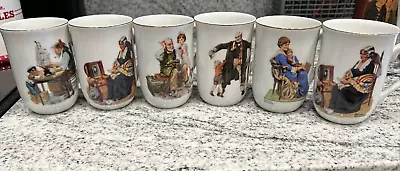 Norman Rockwell Museum Coffee Mugs Cups White / Gold Trim Set Of 6 Vintage 1985 • $45.99