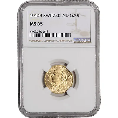 $561.56 • Buy 1914 B Switzerland Gold 20 Francs - NGC MS65