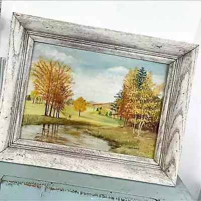 Vintage Landscape Painting Fall Lake Trees Canvas Board Paint Wood Frame Signed • $65