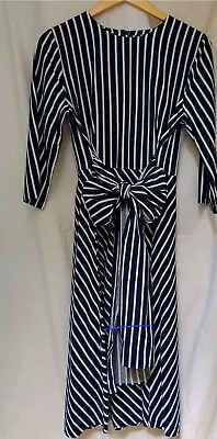 M&S Collection Navy Blue/White Striped Nautical Cotton Dress UK 18r • £12.99