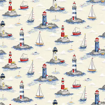 Lighthouses Cream Nautical Makower Fabric PER HALF METRE 2499/Q  • £9