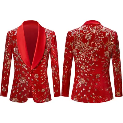 Men Sequin Dress Suit Blazer Floral Tuxedo One Button Showman Coat Jacket Red • $66.47