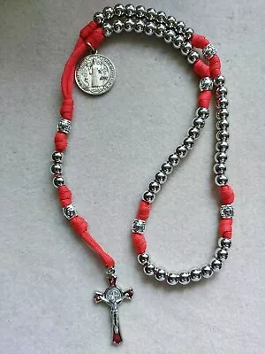 Red St Benedict Paracord Catholic Rosary Metal & Silver Acrylic Beads 9.5 Mm  • £20.95