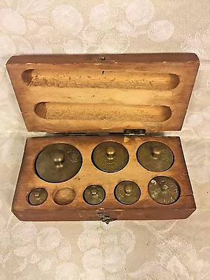7 Antique Larger Brass Weights 1 Missing In Wood Case • $107