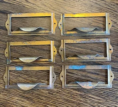 6 Antique Vintage Stamped Brass Card Catalog File Drawer Bin Drawer Pulls Handle • $36