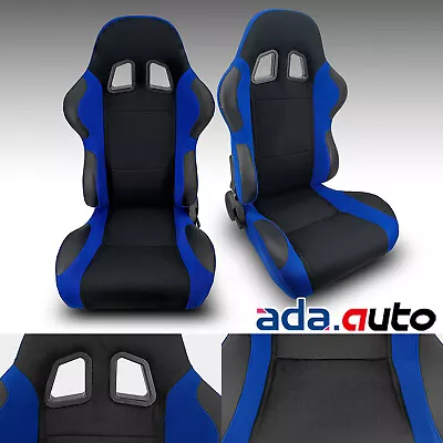 Reclinable Blue&Black Stitching Pineapple Fabric Racing Seats Left+Right Pair • $299.38