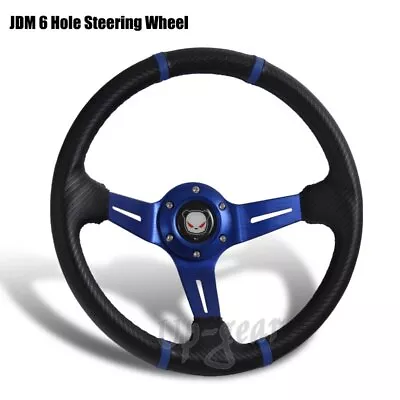 350MM Deep Dish Drift Style Blue Stitch Carbon PVC Leather 6 Hole Steering Wheel • $41.50