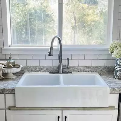 SINKOLOGY Double Kitchen Sink 34  3-Hole Drop-In Farmhouse/Apron Fireclay White • $579.79