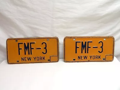 New York License Plate FMF-3 ( Pair ) Orange & Blue Vintage 1970 To 1980 • $45