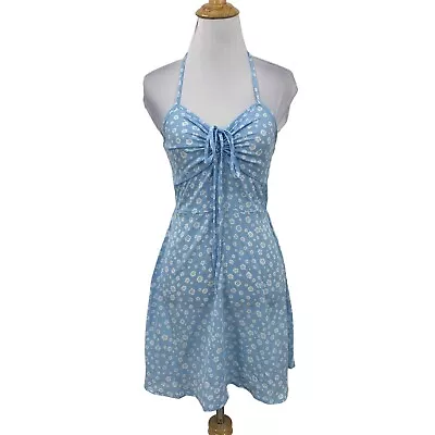 Zaful Floral Ribbed Cinch Tie Smocked Sun Dress Womens 4 Light Blue Floral • £16.49