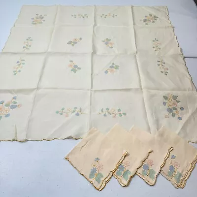 Vintage Madeira Linen Embroidered Tablecloth And Napkins Set Pink Peach Floral • $40