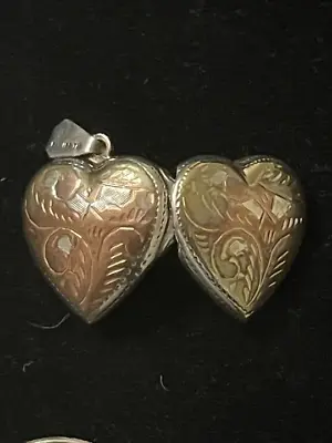 925 Sterling Silver Vintage Etched Heart Tri Color Locket Pendant • $32.99