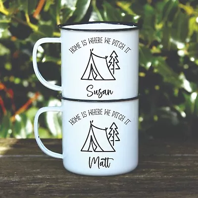 Personalised Camping Line Art Enamel Camping Mug - Tin Camp Mugs • £12.45