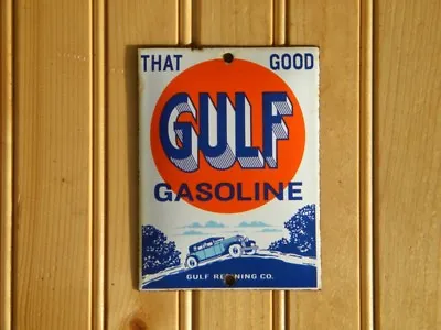VINTAGE GULF GASOLINE PORCELAIN SIGN ~4-3/4  X 3-1/2  OIL PUMP LUBESTER GARAGE • $55