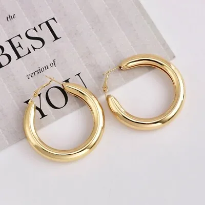 Thick Chunky Hoop Earrings 14K Gold Plated Stainless Steel Minimalist Round Open • £3.99