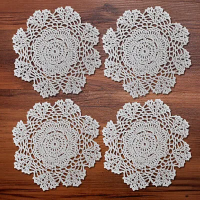 4Pcs 20cm White Vintage Hand Crochet Cotton Lace Doilies Round Table Mats Flower • £4.79