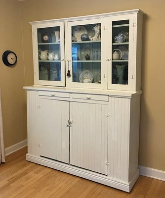 $1595 • Buy Antique Cabinet Hutch, Farmhouse Sideboard Beadboard Buffet Cabinet Wavy Glass