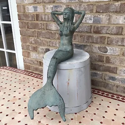 Large 25” Cast Iron Nautical Sitting Mermaid Statue Sitting Blue Beach House • $89.95