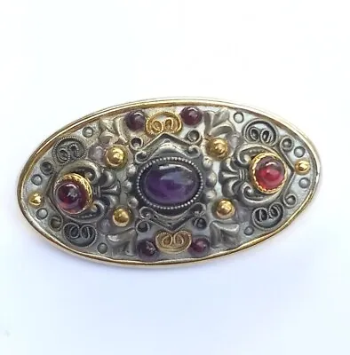 Vintage Michal Golan Brooch Pendant Gold Tone Cabachon Red Purple Amethyst • $34.99