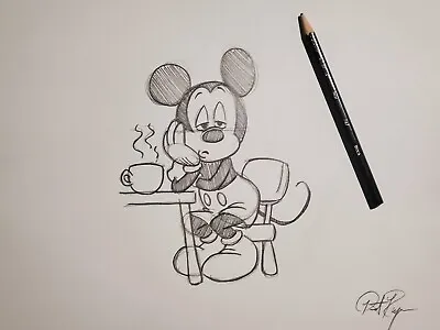 Disney Mickey Mouse Tired And Bored Coffee Drawing/sketch Signed • $40