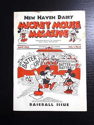 Mickey Mouse Magazine #6 April 1934 Fine+ 6.5 Baseball Issue Dairy Promotion • $650