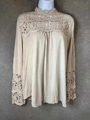 Womens Top Shirt L Beige Tan Crochet Mock Neck Boho Peasant Steampunk • $23.99